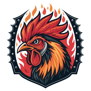 Design a biker patch featuring a flaming rooster head within a classic biker patch border.  Include detailed feather texture and intense fire effects.