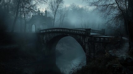 Fototapeta premium Eerie Stone Bridge in Foggy Forest with Dark Moody Atmosphere at Twilight