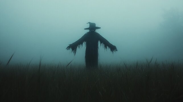 Eerie scarecrow silhouette stands ominously in a foggy field under a dark sky