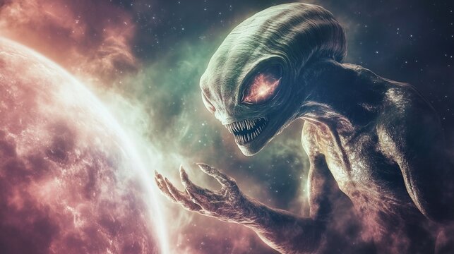 Menacing Alien Encounter: Extraterrestrial Being Gazing at a Distant Planet