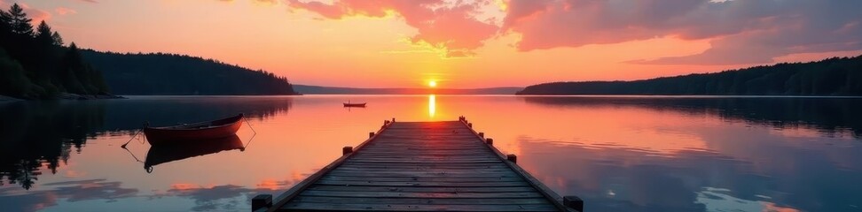 Old wooden pier,small fishing boat, tranquil Finnish lake sunset , nordic, orange