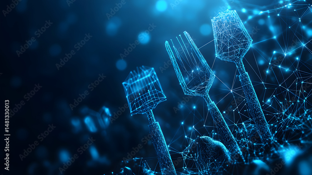 Aufkleber Futuristic culinary tools glow against a deep blue bokeh backdrop. Digital spatulas and a fork, interconnected by wireframe networks, evoke a technological kitchen. Abstract wireframe in dark blue.