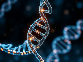 3D Illustration of DNA Helix with Glowing Particles Representing CRISPR Gene Editing and Nanotechnology in a Sci-Fi Medical Lab