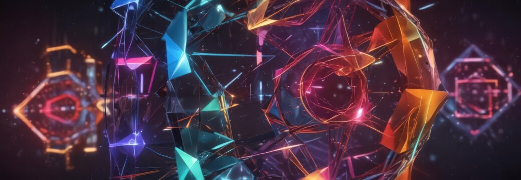 Colorful geometric shapes interwoven, depicting digital interaction , vibrant, digital