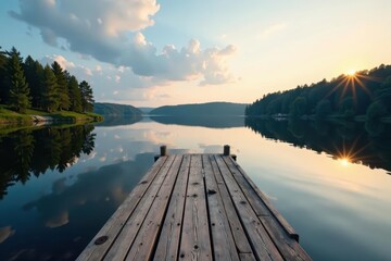 Fototapeta premium Wooden dock extends over tranquil Swedish lake, idyllic scene , Scandinavian, light