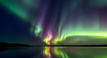 Aurora borealis northern lights over lake reflection night sky landscape photography view amazing scene