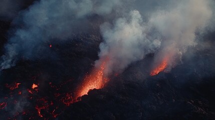 Erupting volcano with blazing lava spewing from the crater, surrounded by thick smoke and dark volcanic rocks, showcasing the intense power, danger, raw energy of Earth's natural geological activity.