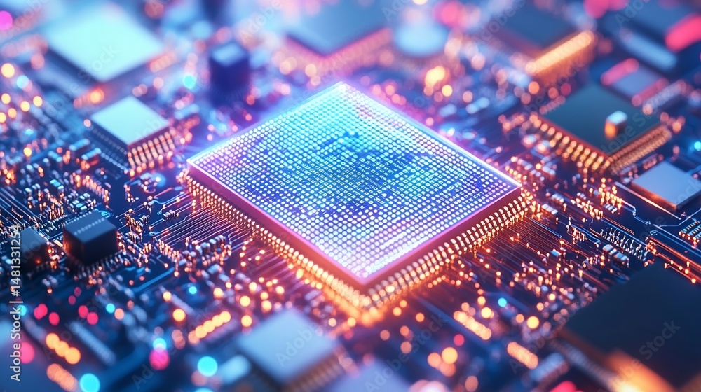 Poster close up of a computer circuit board with various electronic components and glowing lights