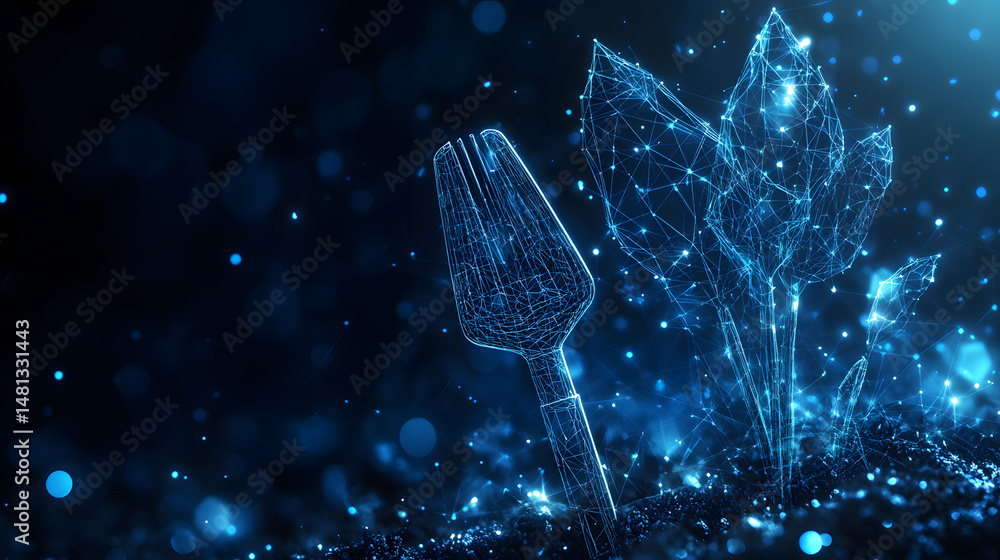 Poster futuristic plant with glowing blue lines and digital trowel. a technological representation of natur