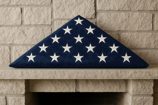 Folded American Flag on Fireplace Mantel – Ideal for Military Tribute, Patriotic Memorials, and Veterans Day Remembrance