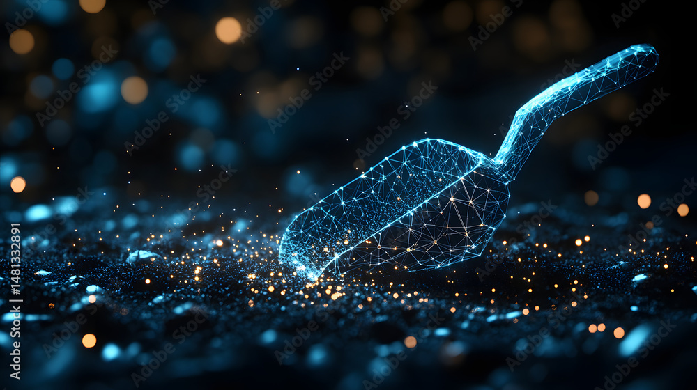 Leinwandbilder Conceptual gardening tool rendered in glowing wireframe. A futuristic take on a classic trowel, resting on a textured surface with bokeh lights. Abstract wireframe in dark blue.