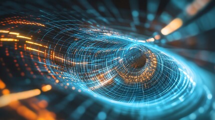 Abstract tunnel with blue grid lines and orange light points, creating a digital effect