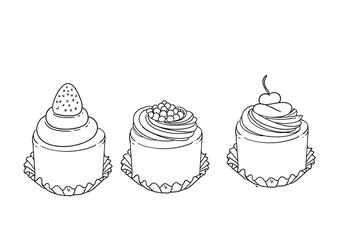 Set of hand-drawn illustrations of desserts in a linear minimalist style, for cards, posters, and graphic design.