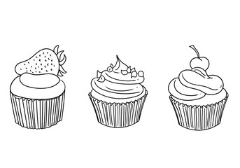 Set of hand-drawn illustrations of desserts in a linear minimalist style, for cards, posters, and graphic design.
