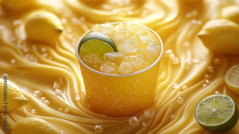 Poster bold yellow summer ad design with iced lemon lime cup in the middle, surrounded by soft vector curve
