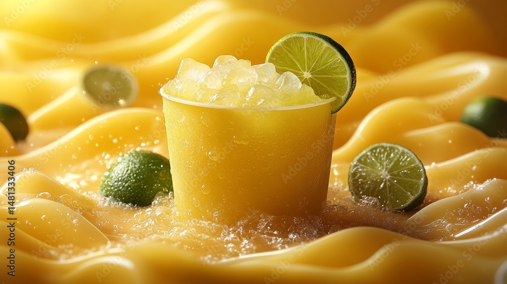 Poster bold yellow summer ad design with iced lemon lime cup in the middle, surrounded by soft vector curve