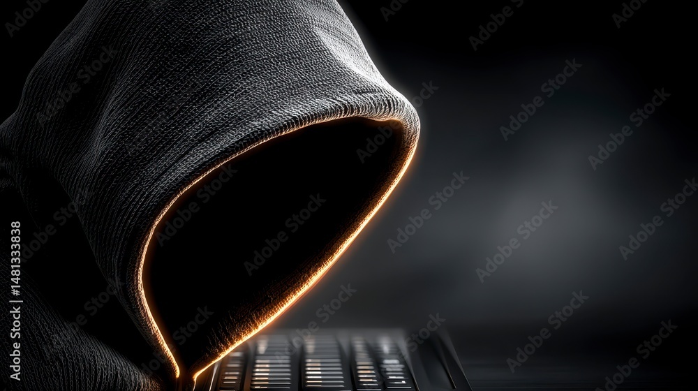 Aufkleber anonymous hacker dark hooded figure using laptop cybersecurity digital crime internet