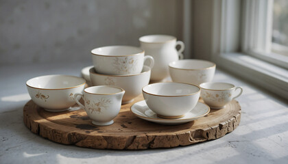 Fototapeta premium Neatly arranged white and beige ceramic dishes on a rustic wooden board, bathed in soft daylight for a peaceful ambiance.