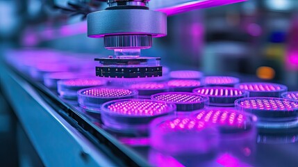 A robotic arm over petri dishes with purple led lights in a laboratory setting for research and science