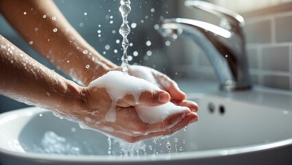 Closeup view of hands washing with soapy water.