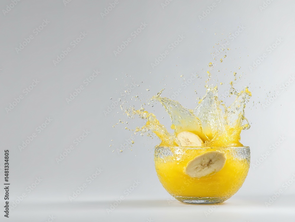 Aufkleber banana slices exploding in a vibrant yellow juice splash.