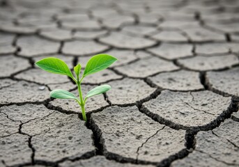A small plant growing in cracked dry earth in arid environment isolated on white background