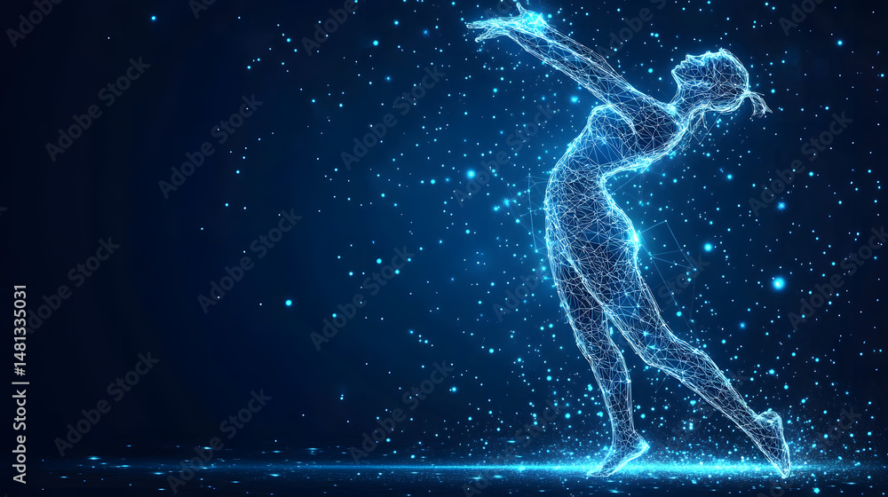 Aufkleber Dynamic digital dancer rendered in glowing blue wireframe against a cosmic dark blue background. Perfect for tech, dance or futuristic themes. Abstract wireframe in dark blue.