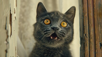 Close-up of a gray kitten with wide eyes and open mouth, looking upward in surprise, against a backdrop of weathered, light-colored wall and wooden frame