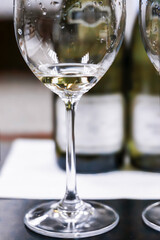 Elegant wine glass with a splash of white wine during a tasting