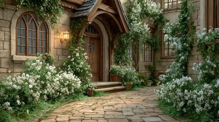 Naklejka premium Enchanting Fairytale Garden House Entrance Stone Path Blossoms Ivy