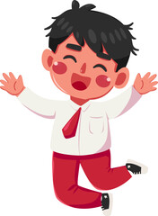 Joyful Boy in Red Pants Leaping with Open Arms