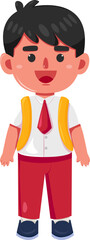 Cheerful Schoolboy in Red Pants and Yellow Backpack