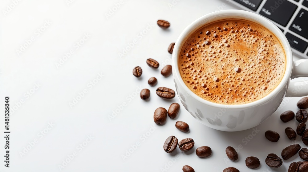 Poster elegant workspace composition with coffee and tech on a clean white background