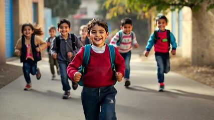 Joyful Run to School: A group of energetic children race towards the school building, radiating happiness and enthusiasm, captured in a vibrant photograph, full of life. - Powered by Adobe