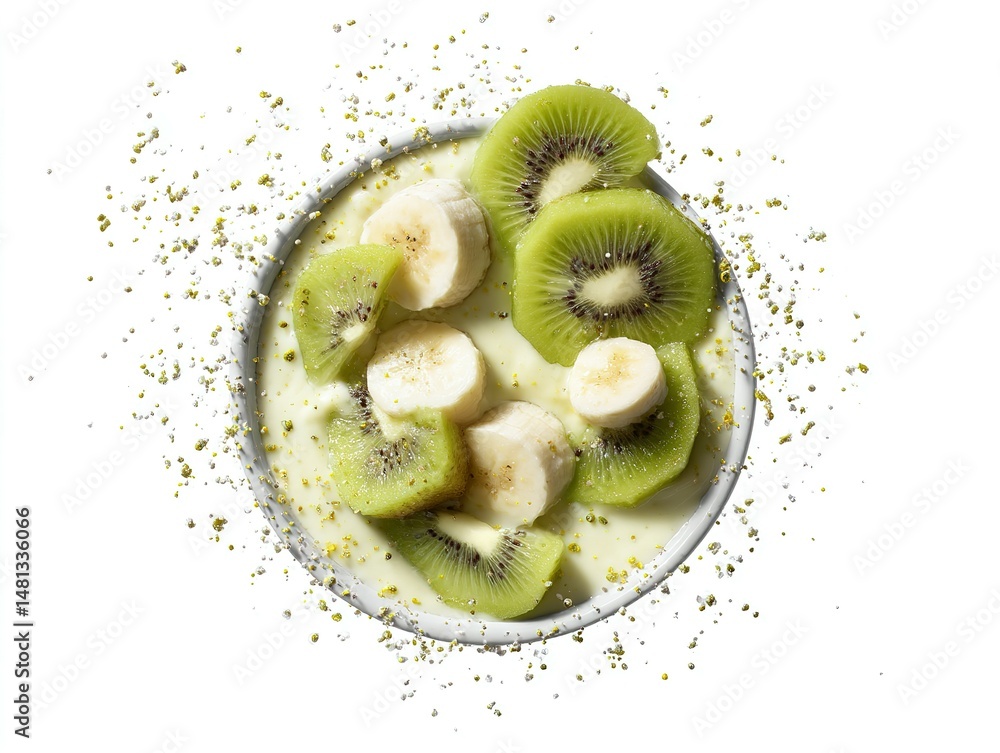 Poster top view of a bowl of yogurt with kiwi and banana slices.