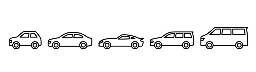 Car icons. Compact car, sedan, sports car, station wagon, and minivan.