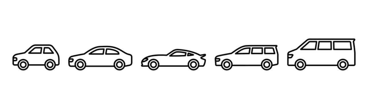 Car icons. Compact car, sedan, sports car, station wagon, and minivan.