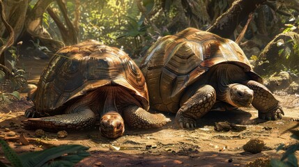 Two tortoises in a sunlit forest