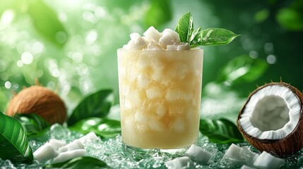 Iced coconut drink centered on a vibrant green and white summer background with sleek vector lines and smooth shapes