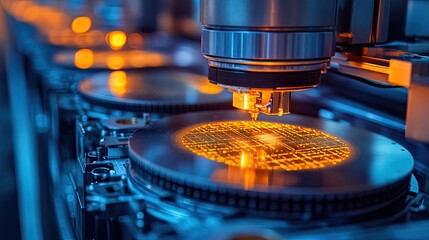 Close up of a microchip wafer being tested by automated equipment in a clean environment