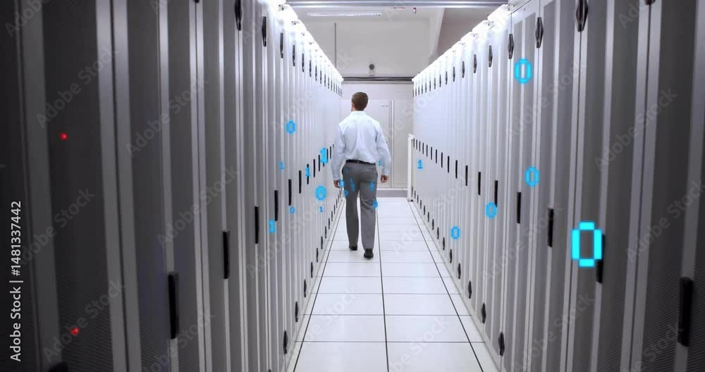 Poster man walking down data center corridor, visualizing technology through floating binary digits