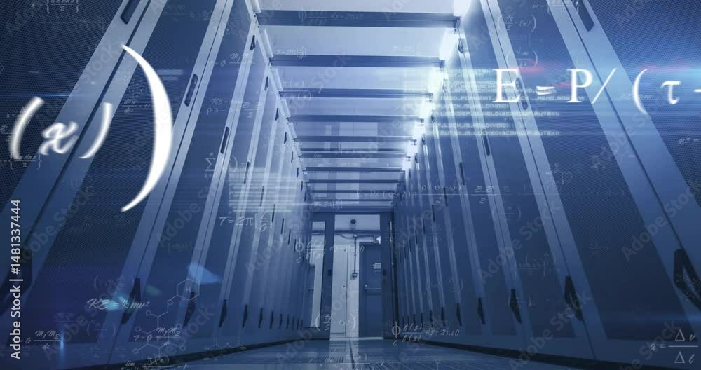 Poster server cabinets glowing with blue led strips lining corridor, cables routing and formulas floating