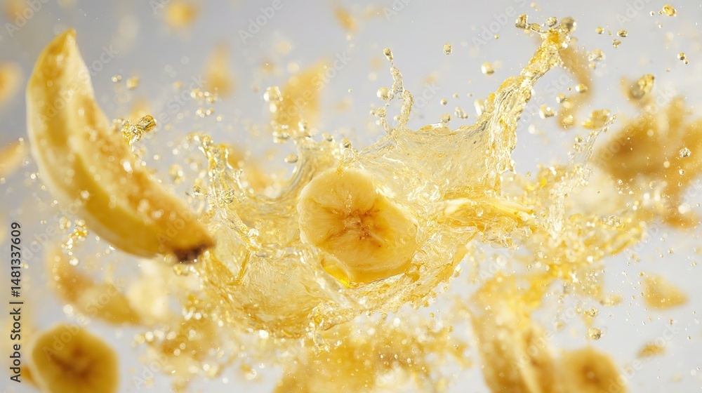 Poster a vibrant display of sliced bananas in a juice explosion.