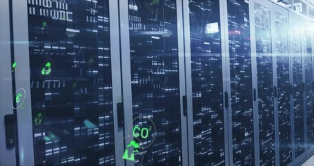 Server cabinets running glowing eco energy icons through glass doors in flat design corridor - Powered by Adobe