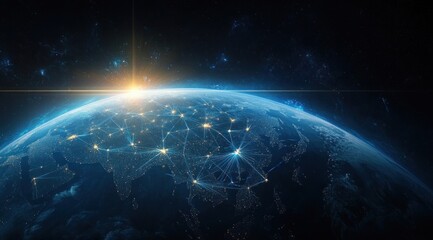 Obraz premium View of planet Earth from space with glowing network connections across continents and a rising sun illuminating the horizon