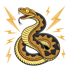 A horned viper, eyes glowing intensely, framed by dramatic lightning strikes, detailed scales, desert setting.