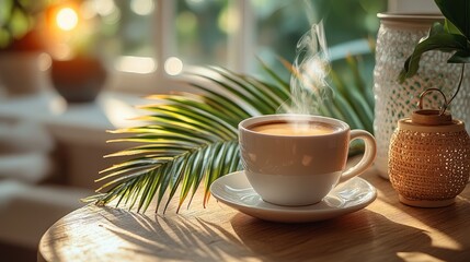 Minimalist setup with a steaming coffee cup next to tropical palm leaf under natural daylight
