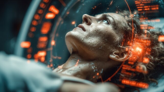 Futuristic diagnostic scan in motion with calm patient, surrounded by dynamic medical interface visuals and glowing health data in a clinical setting.