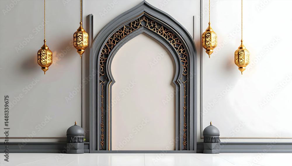 Poster dark gray islamic frame with geometric border featuring golden lanterns and intricate architectural 