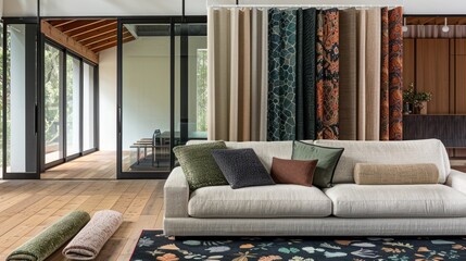Modern living room with fabric display